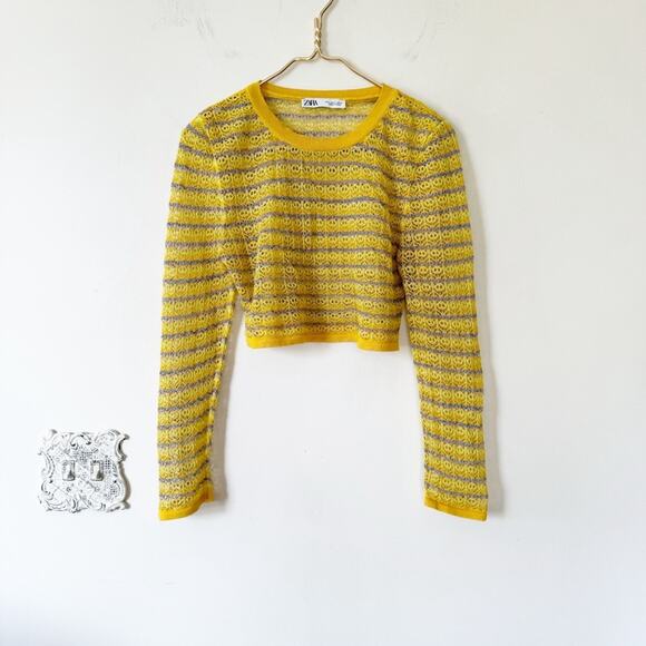 Zara Yellow Gold and Purple Striped Pointelle Knit Crochet Cropped Sweater L - Picture 4 of 8